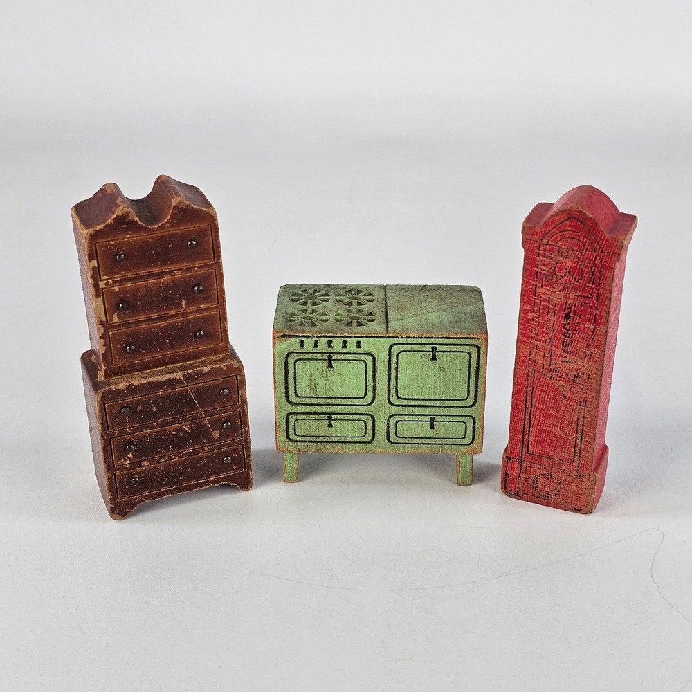 Vintage Wooden Dollhouse Furniture Set Hutch Stove Grandfather Clock Miniature